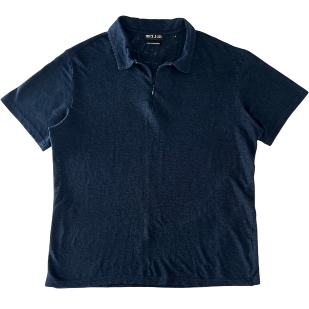 Stitch Note Polo Shirt Mens M Navy Blue Linen Blend Short Sleeve Zip Breathable